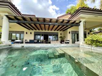 Covered patio terrace with lake view private pool in Buenaventura Panama luxury villa