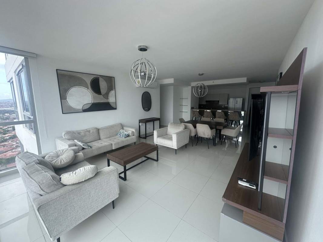 Contemporary kitchen with appliances and granite countertops in furnished apartment Costa del Este