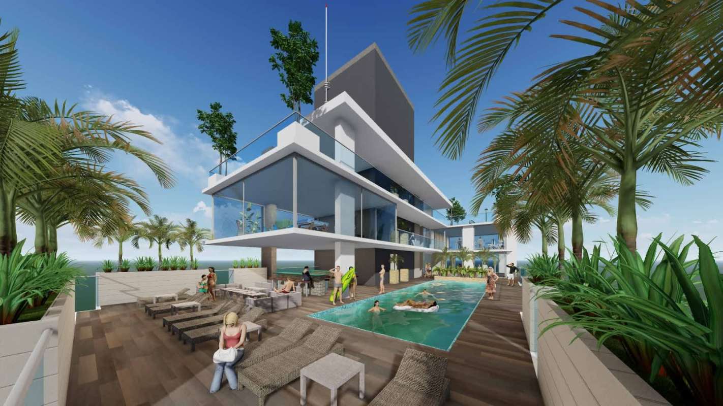 High-rise glass façade tower with palm trees and luxury entrance Panama City