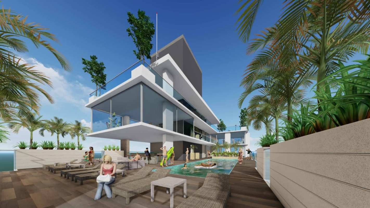 Contemporary condominium pool with sunbeds and ocean backdrop San Francisco Panama