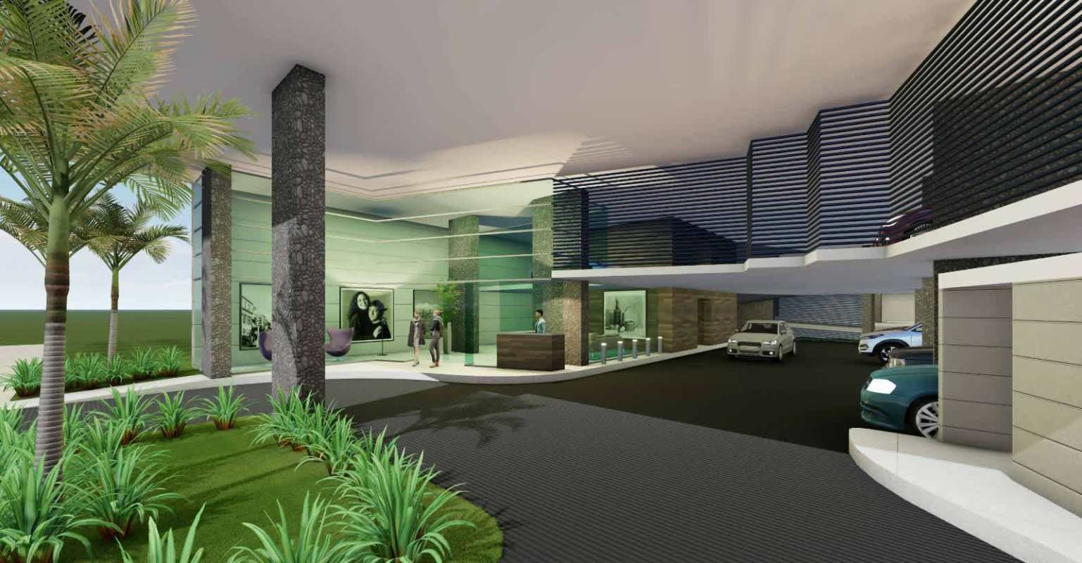 Covered entrance with driveway reception landscaping at PH San Francisco Residence Panama