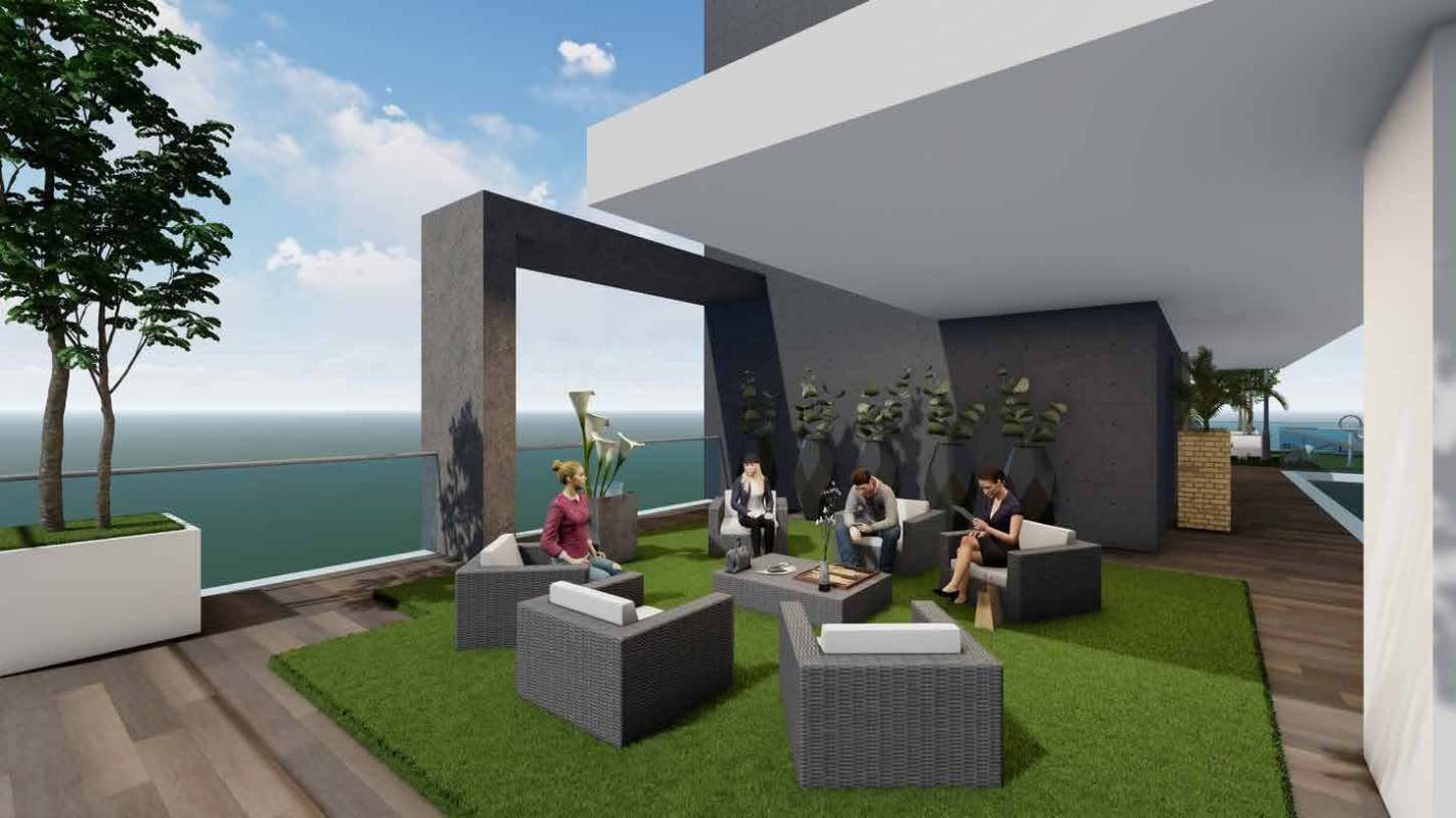 Terrace lounge with pergola, green landscaping, panoramic ocean views Panama City