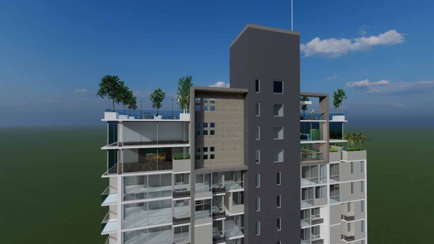 Rooftop garden and lounge spaces tower view ocean skyline San Francisco Panama