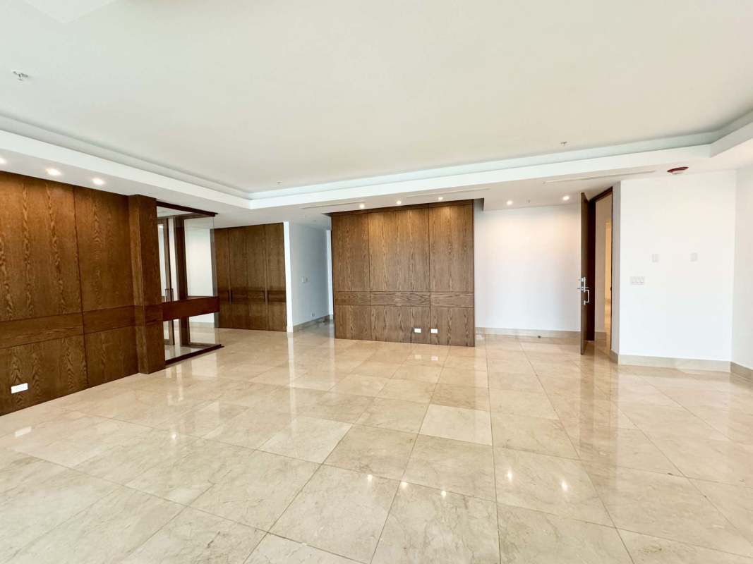 Master bedroom with floor to ceiling windows overlooking ocean in Costa del Este Panama