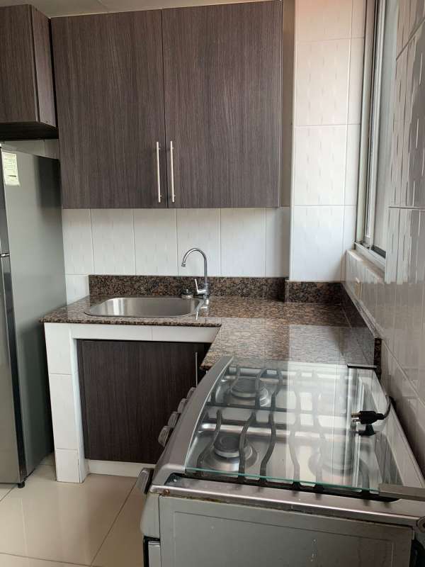 Modern kitchen with gas stove, refrigerator, granite top, El Cangrejo Panama rental