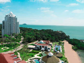 Coastal aerial panorama of PH Casa Bonita beachfront condo with ocean views near Panama City