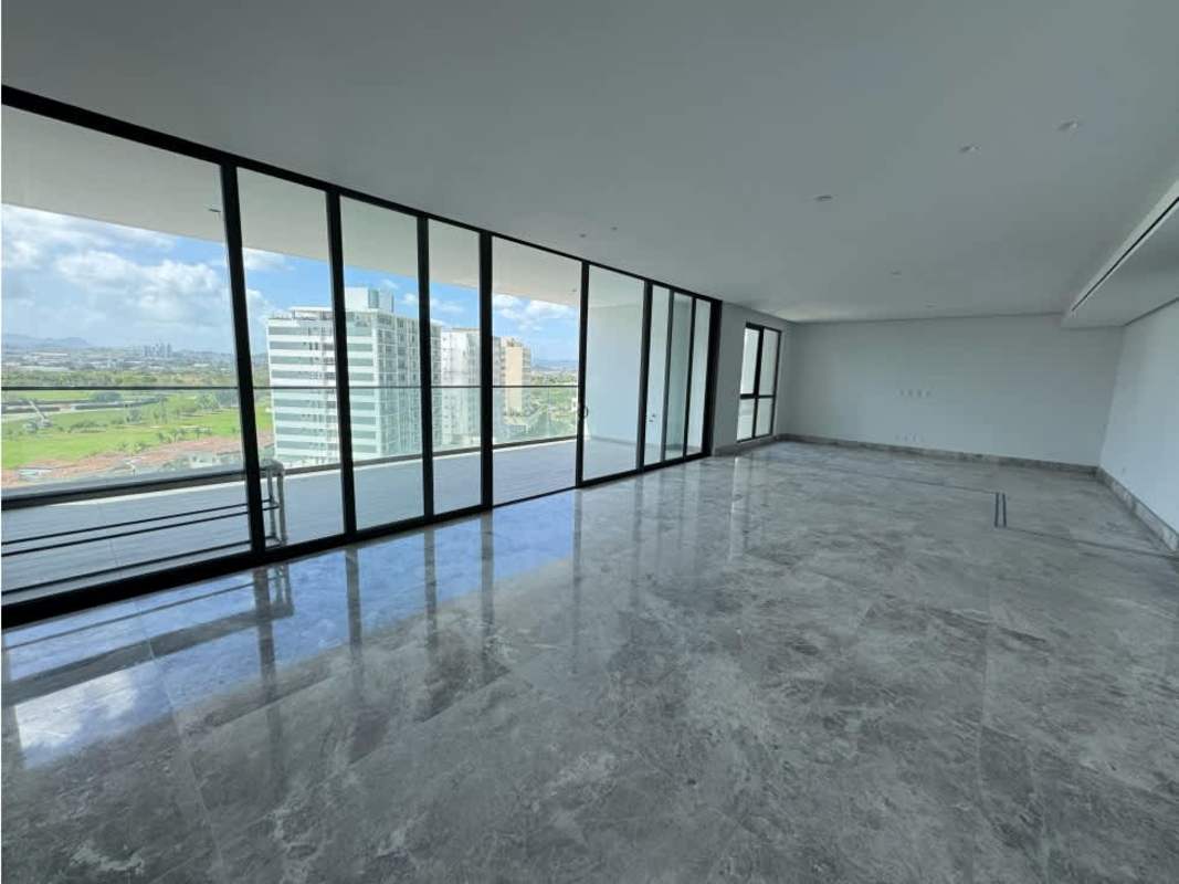 Spacious master bedroom with marble flooring and panoramic golf views in PH Empire Residences Panama City