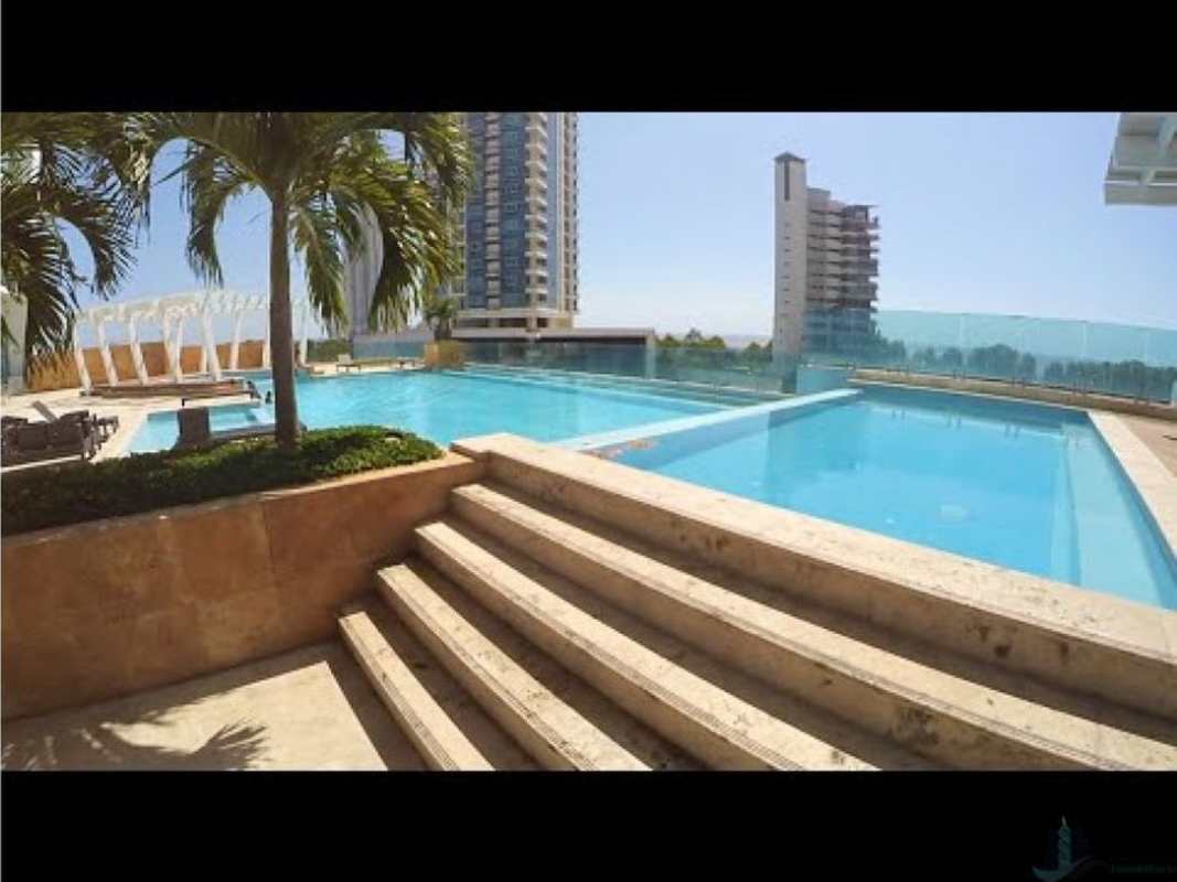 Rooftop infinity pool area with lounge pergola and city skyline views in PH Titanium Panama City