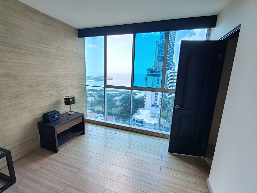 Balcony overlooking ocean bay skyline at PH The Point Punta Paitilla Panama Rental Apartment