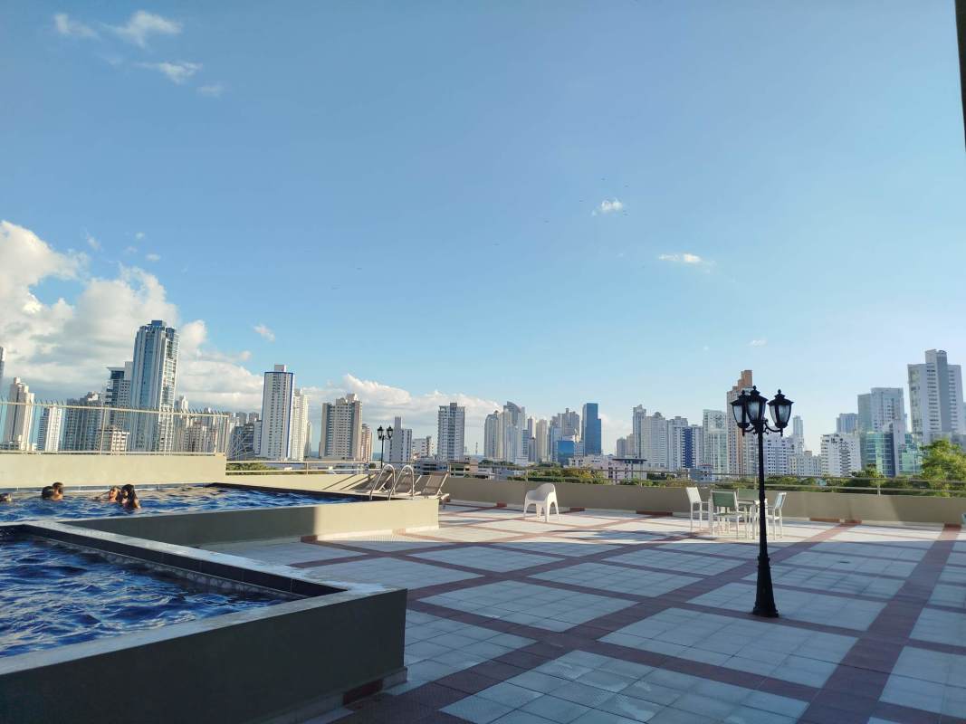 Rooftop swimming pool overlooking Panama City skyline at PH Hyde Park San Francisco