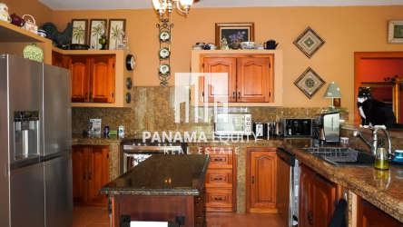 Sunlit balcony with terracotta tiles, plants, and view of greenery Villa Valencia Altos del Maria Panama