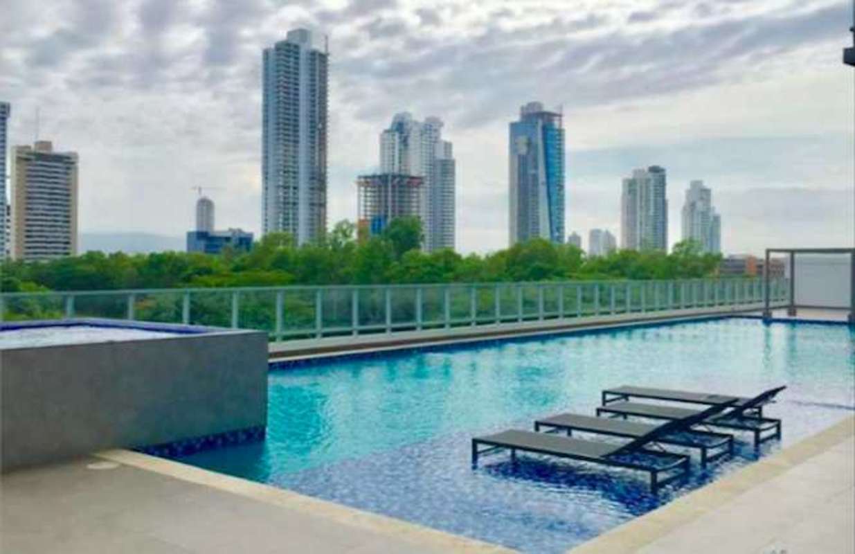Panoramic skyline and ocean views from rooftop infinity pool PH Parkside Costa del Este
