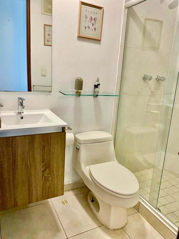 Bathroom with glass shower enclosure and sleek modern vanity in PH Terrawind San Francisco Panama