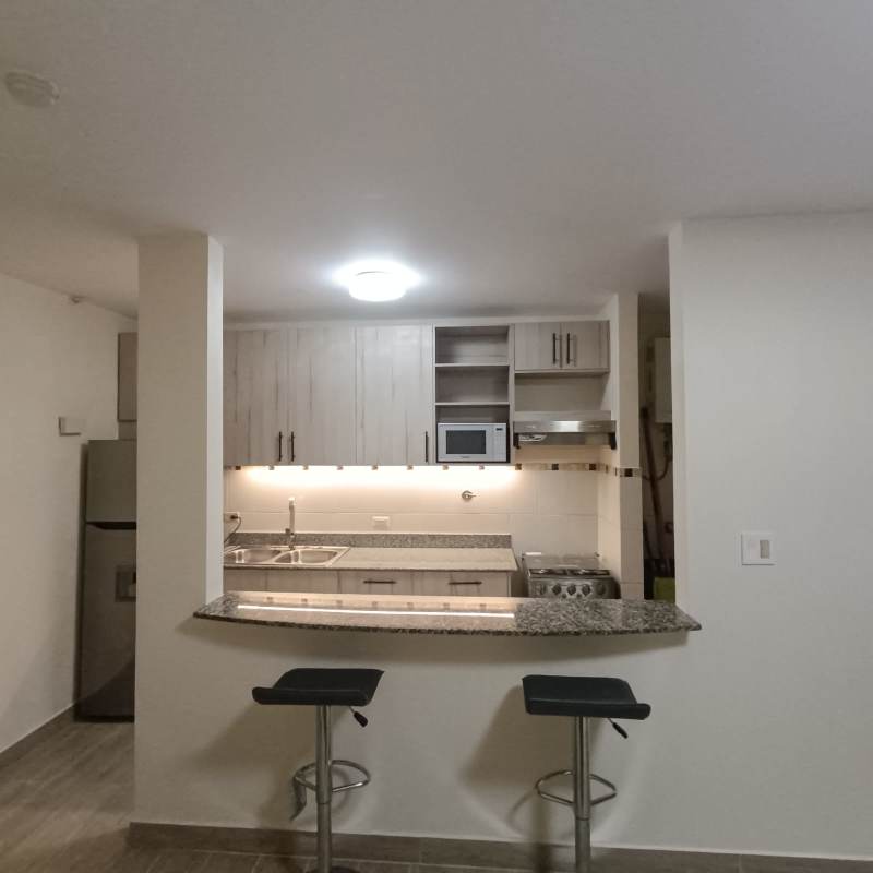 Minimalist kitchen with granite countertops, stainless steel appliances, breakfast bar in PH San Francisco Bay Panama