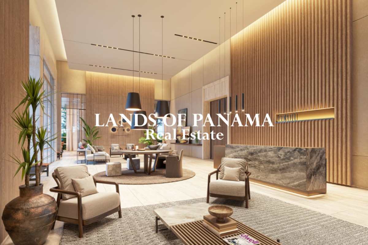 Modern lobby area with wood paneling elegant design PH Corotú Santa María Panama