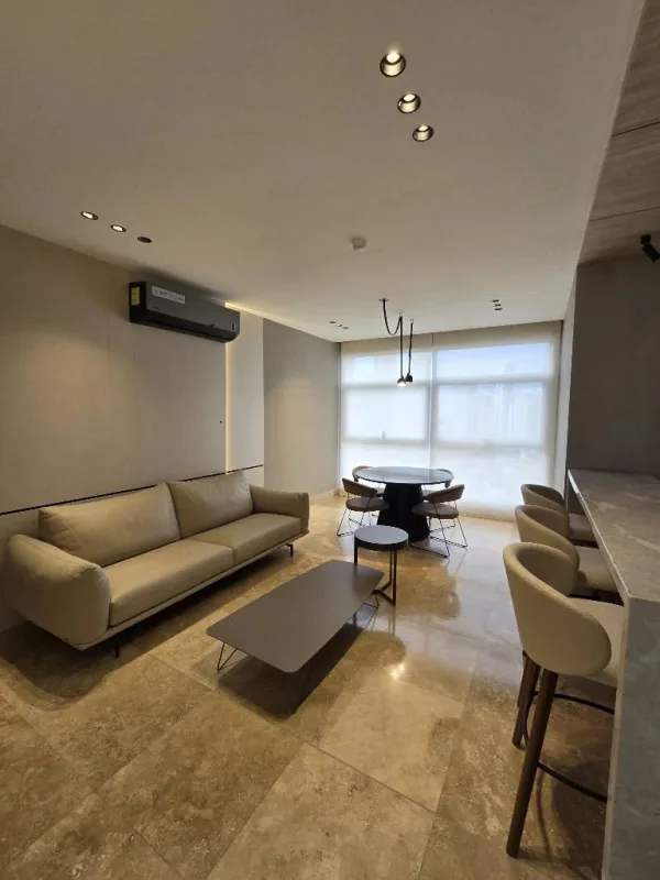 Master bedroom in luxury Q Tower condo with balcony and Pacific view Punta Pacifica Panama