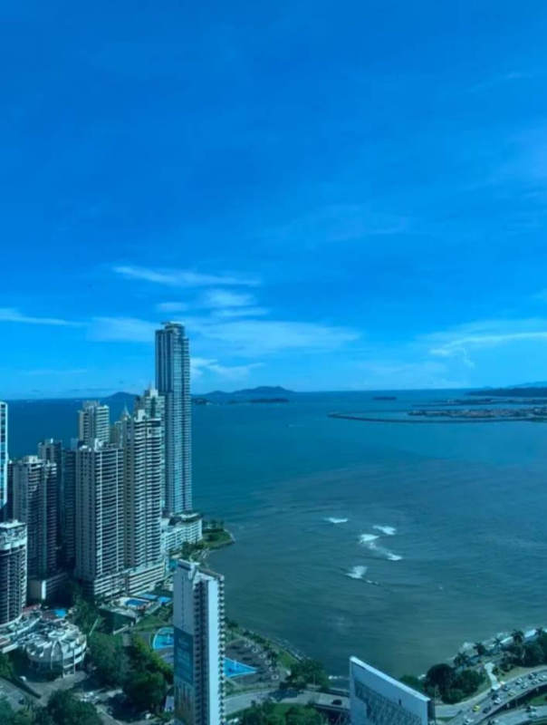 Panama City skyline with Avenida Balboa waterfront and Pacific Ocean from PH Megapolis hotel tower