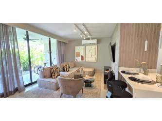 Lush private garden and patio area of new eco house for sale in Panama Pacifico Imaterra