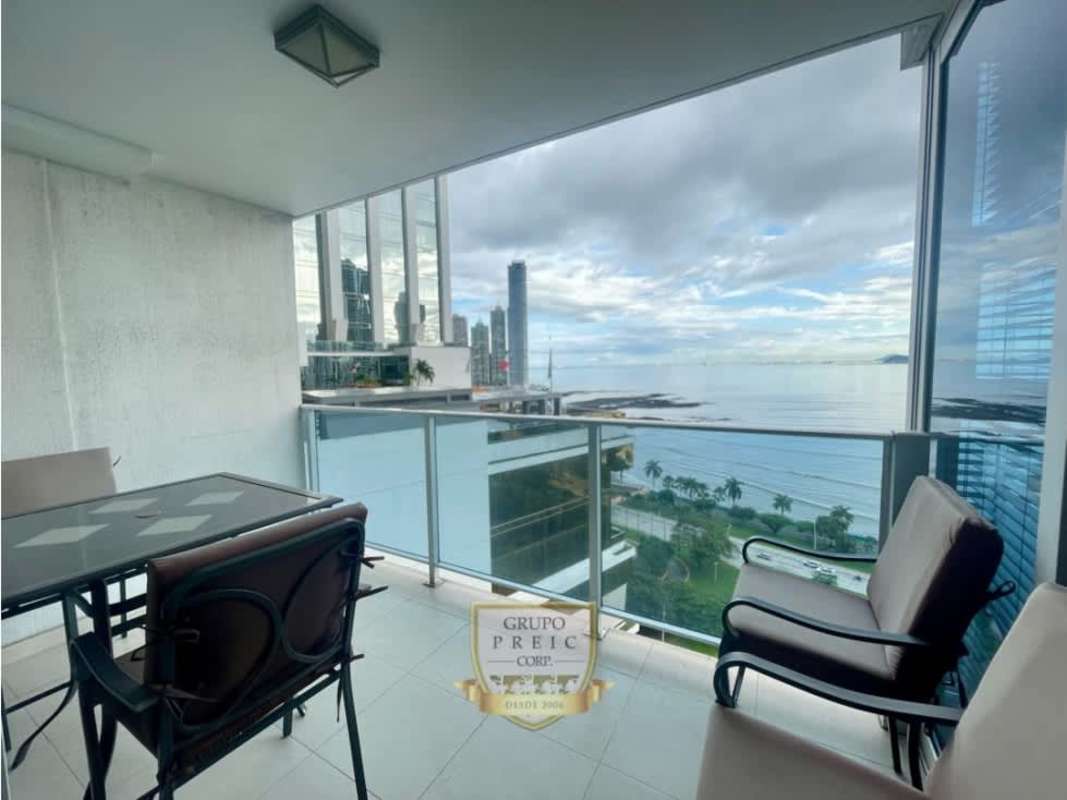 Balcony with glass railing offers Pacific ocean skyline views Waters on the Bay Panama