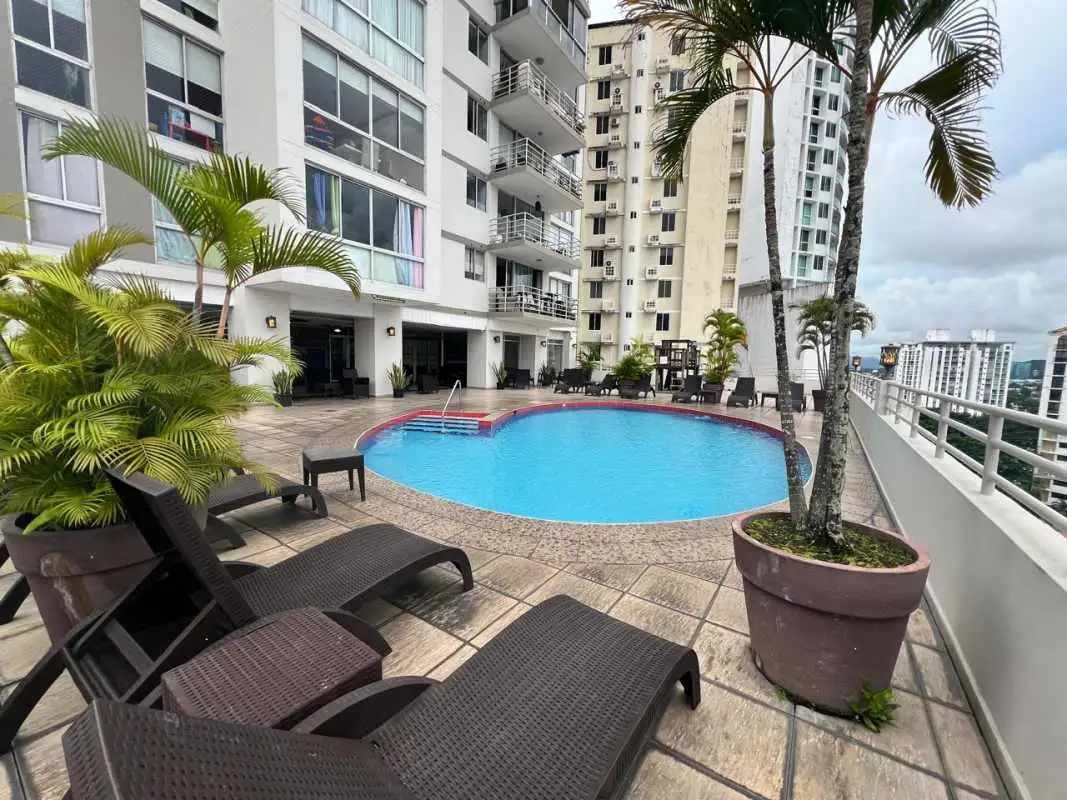 Kitchen with granite countertops modern cabinetry tile backsplash Panama City apartment for rent Hato Pintado Tower