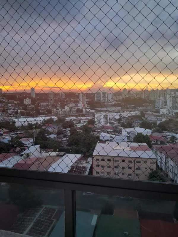 Balcony with safety net sunset skyline view Panama City Hato Pintado Tower apartment for rent