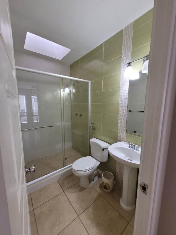 Contemporary bathroom with glass enclosed shower, pedestal sink and skylight