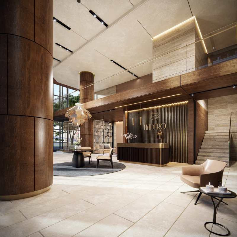 Modern double height luxury lobby with chandelier PH Madero Costa del Este Panama
