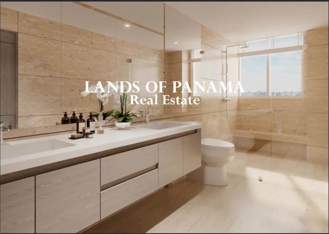 Contemporary bathroom with double vanity, glass shower and premium fixtures in Celeste Residences Panama