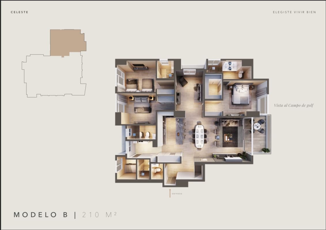 Elegant master bedroom with large windows and golf course view in luxury Celeste Santa María condo Panama