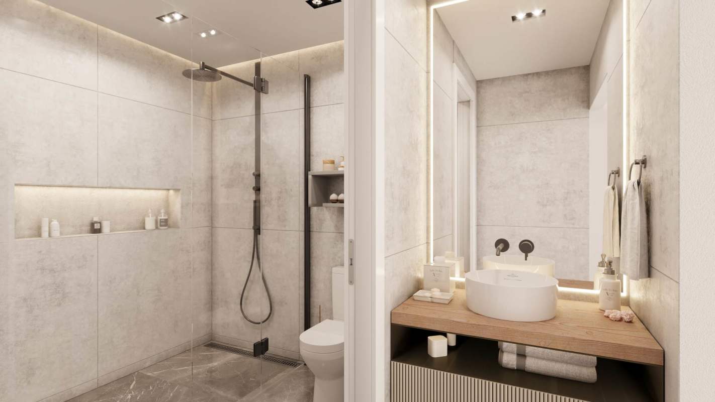 Open-plan living kitchen city skyline view balcony PH Moderna 360 Marbella Panama