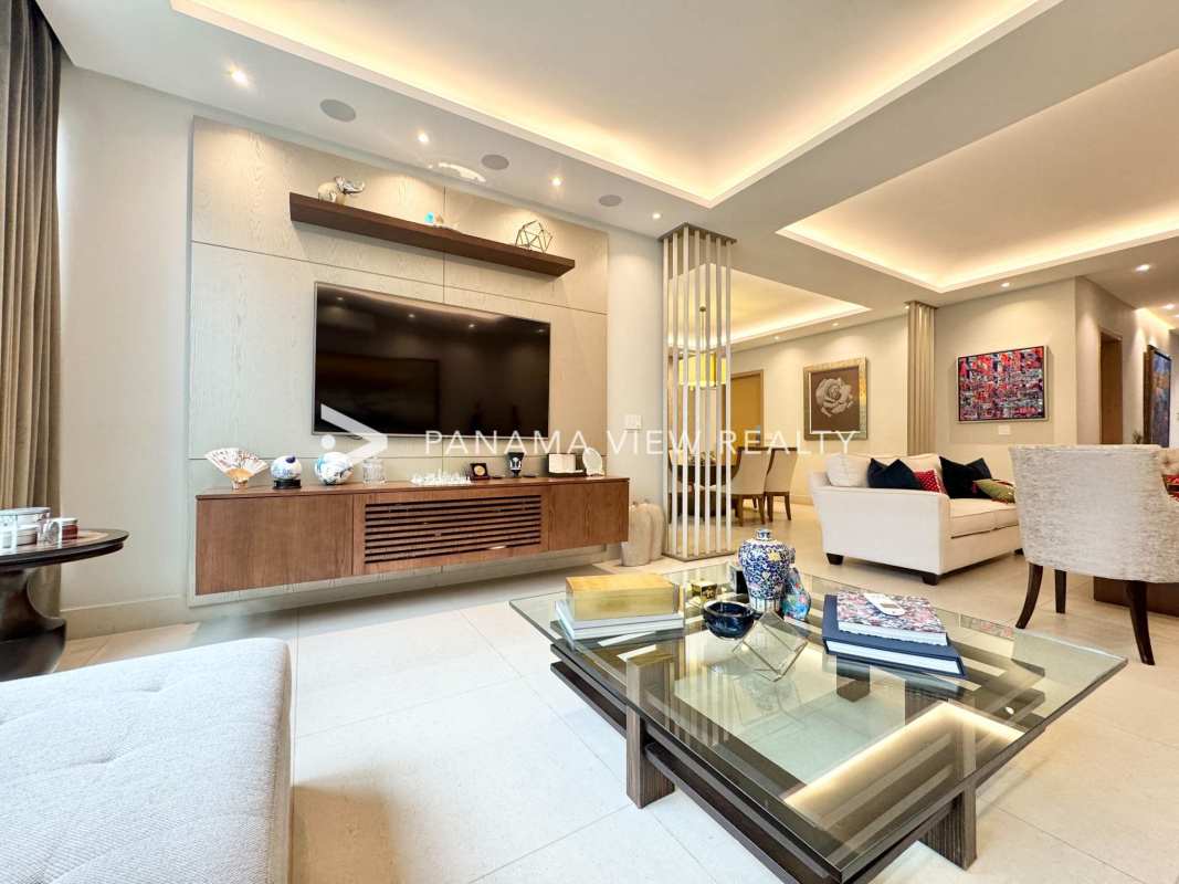 Modern open-plan living dining area with marble floors luxury home The Grove Santa María Panama