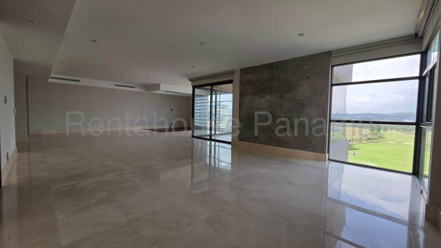 Modern bathroom with double sinks, marble countertop, glass shower enclosure in Santa Maria Panama rental apartment