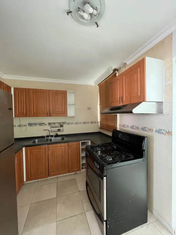 L-shaped kitchen with wood cabinets and gas stove in PH Terrazas de Miraflores apartment Panama