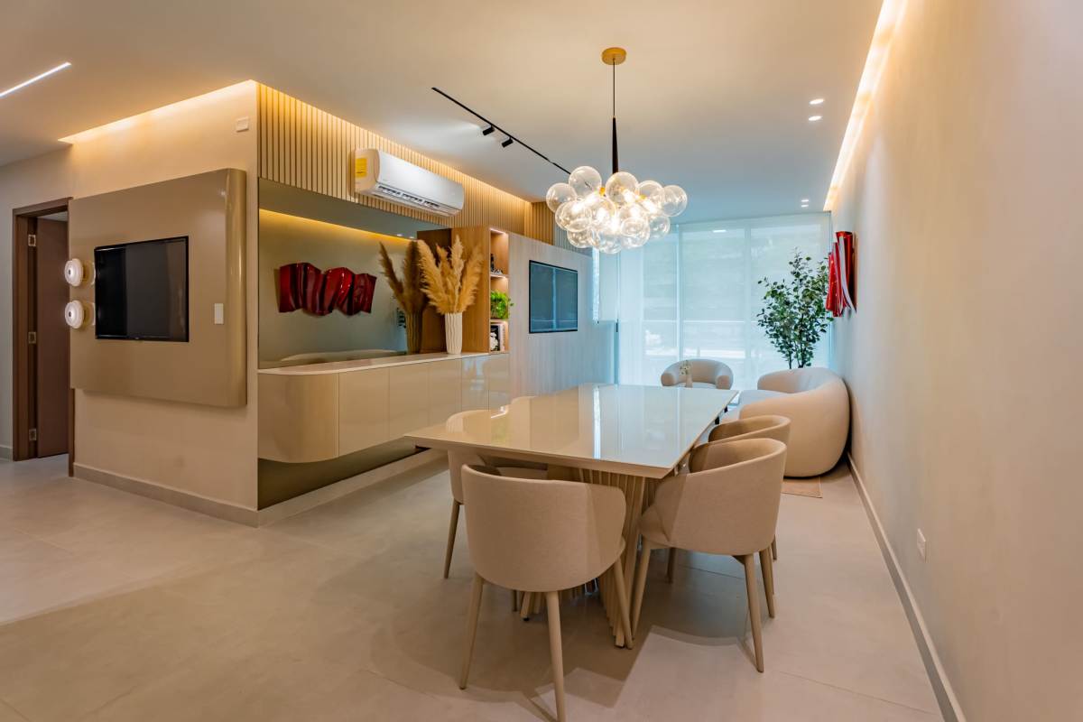 New apartment kitchen with quartz countertops and wood cabinets in Condado Gardens Condado del Rey Panama