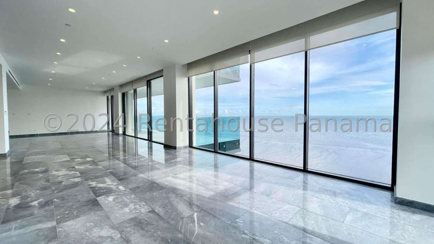 Expansive balcony with ocean and city skyline views at Upper East Tower luxury apartment Costa del Este Panama