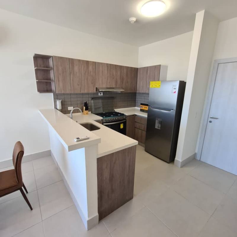 Modern kitchen with granite countertops, appliances and breakfast bar at PH Riverside Panama