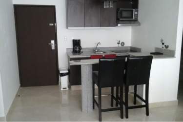 Compact kitchenette with dark cabinetry, microwave, breakfast bar, appliances, and stools at PH Playa Corona Suites