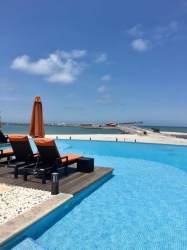 Spacious terrace patio with ceiling fan hammock outdoor sitting area at Vista Mar Panama