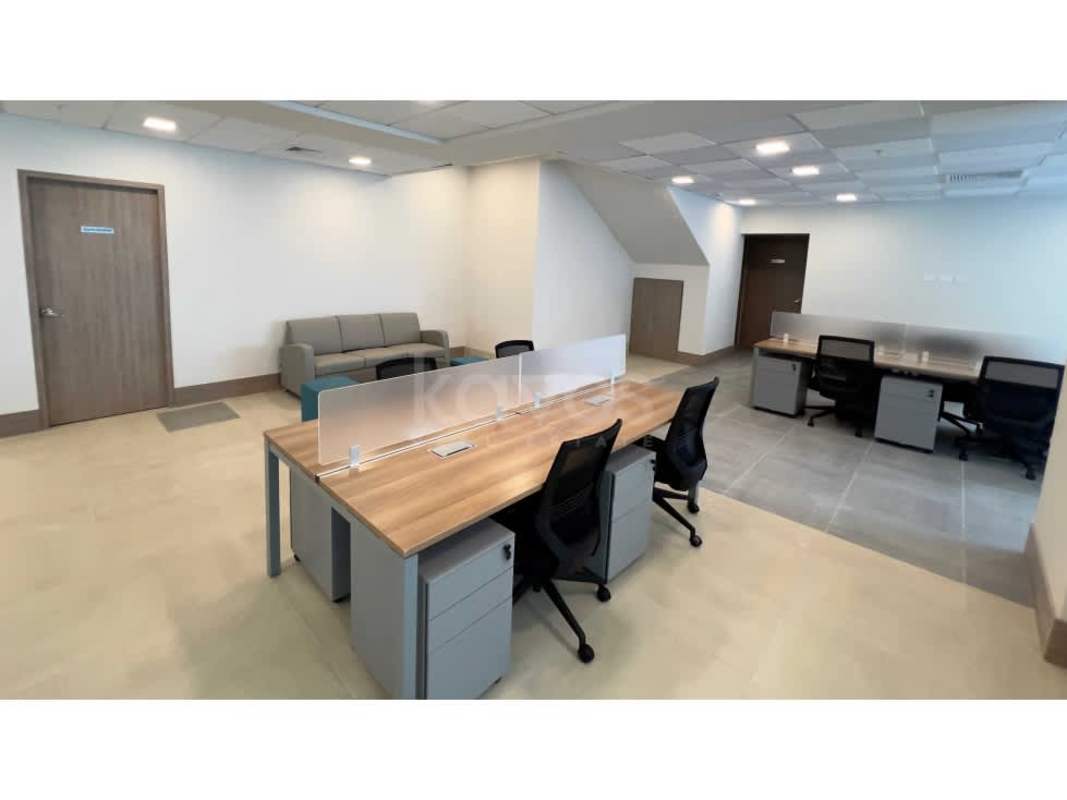 Private executive office with glass partitions and modern furnishings in Financial Park Panama