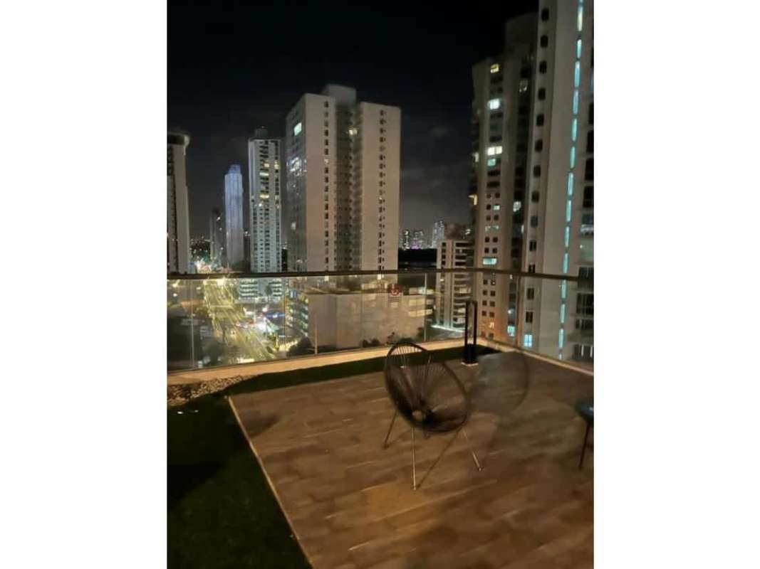 Glass railing balcony with city skyline night view in PH Coco Place Panama