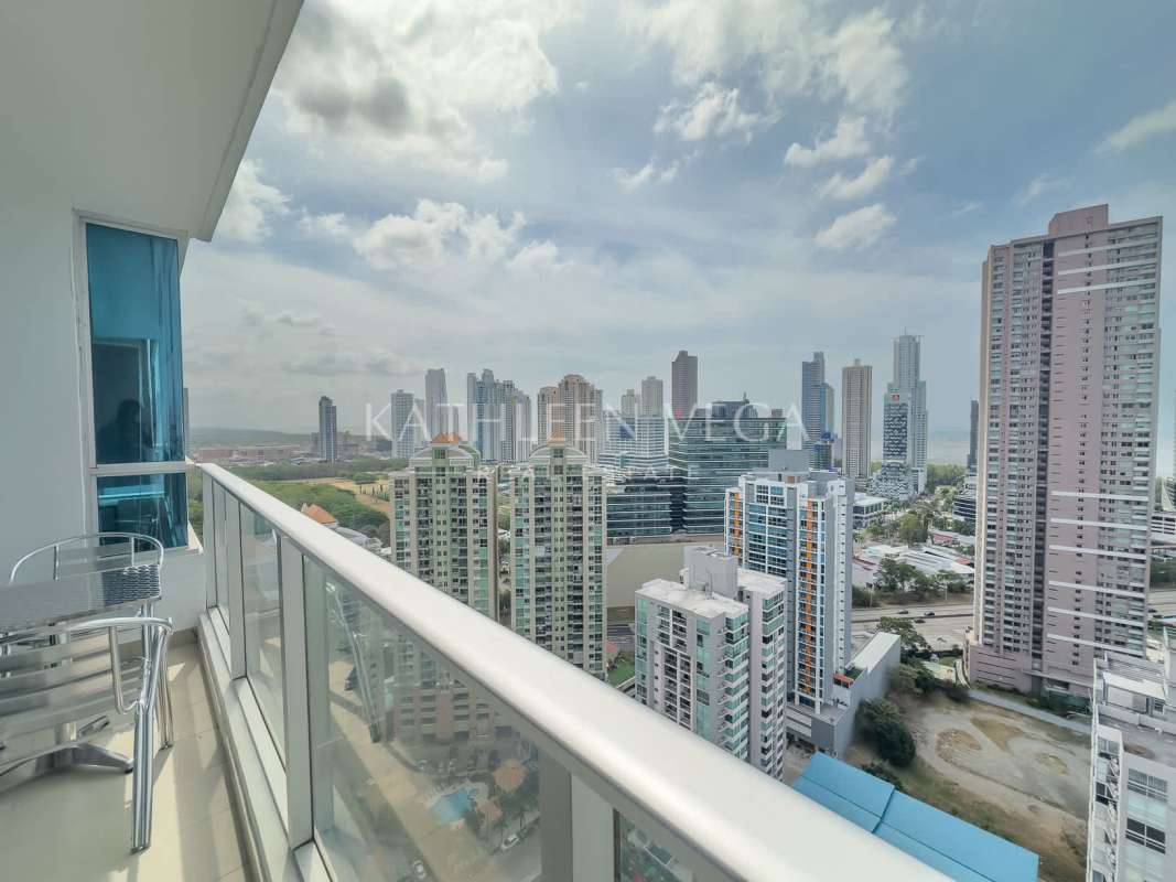 Balcony view over Costa del Este skyline from apartment in PH Top Towers Panama