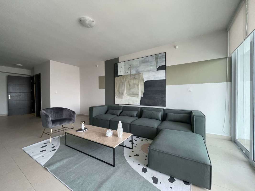 Bedroom with floor to ceiling window and panoramic city view PH Country Club Costa del Este