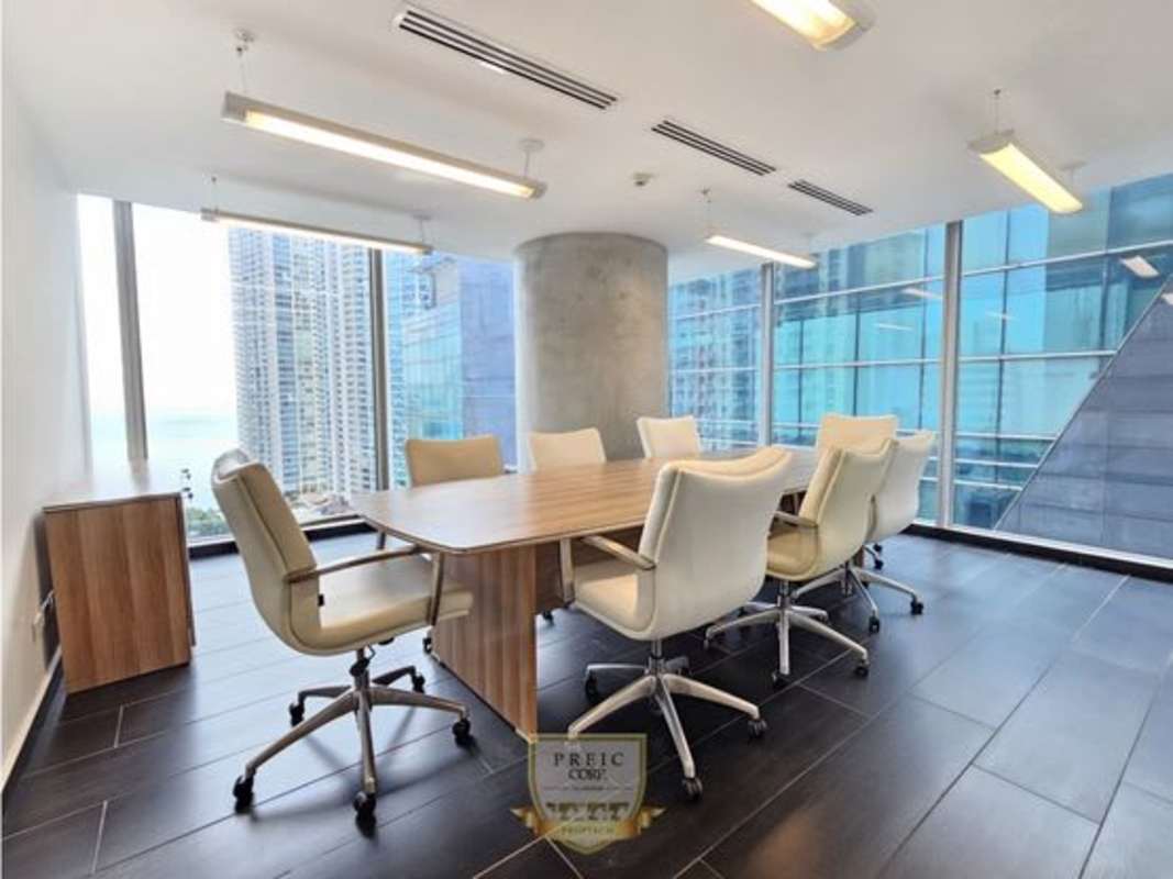 Private office with large windows, city view, glass wall, modern furniture in Punta Pacifica