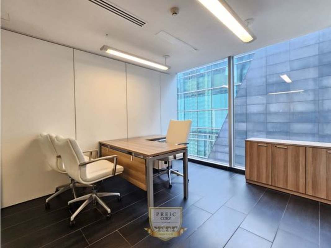 Modern office with built-in storage, large windows, tile floors Punta Pacifica