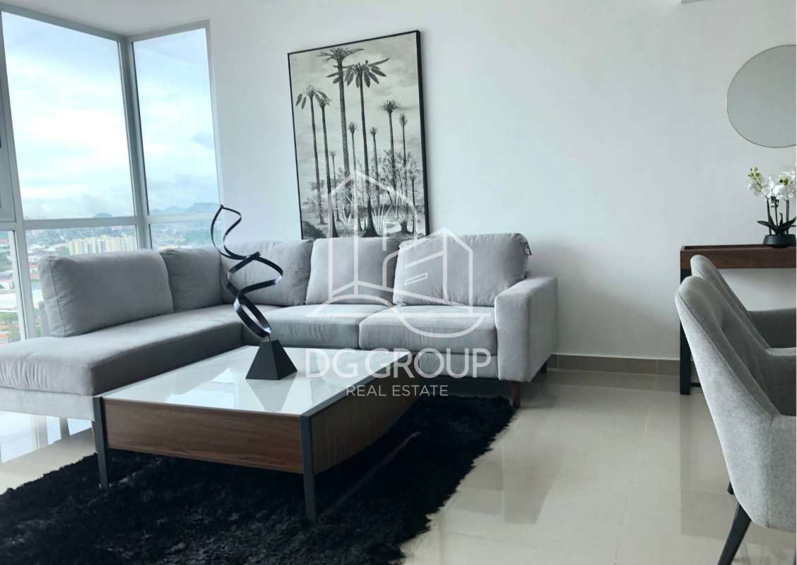 Cozy living room with panoramic city views in Costa del Este