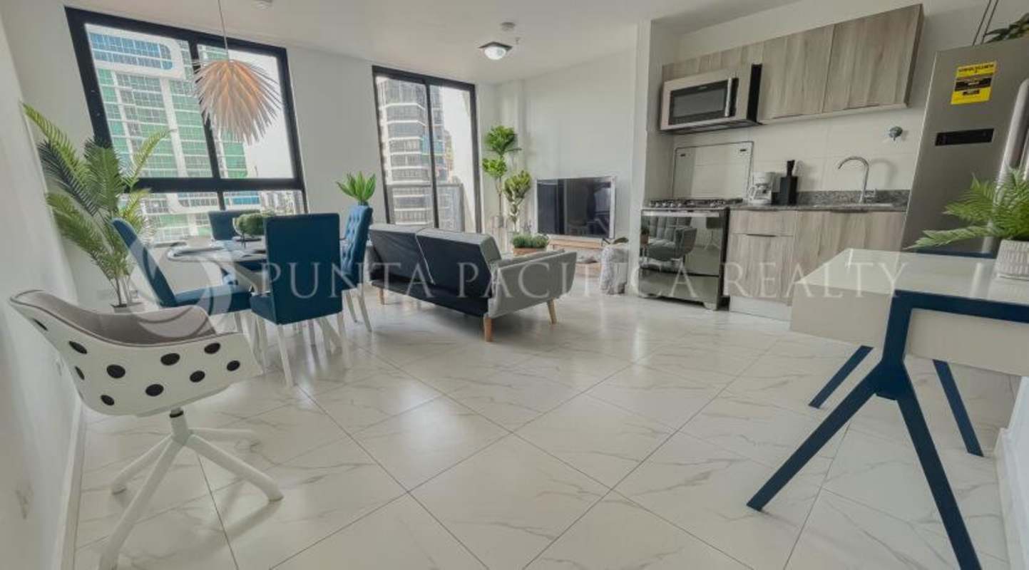 Living room with large windows city views open concept The Gray Tower Marbella Panama