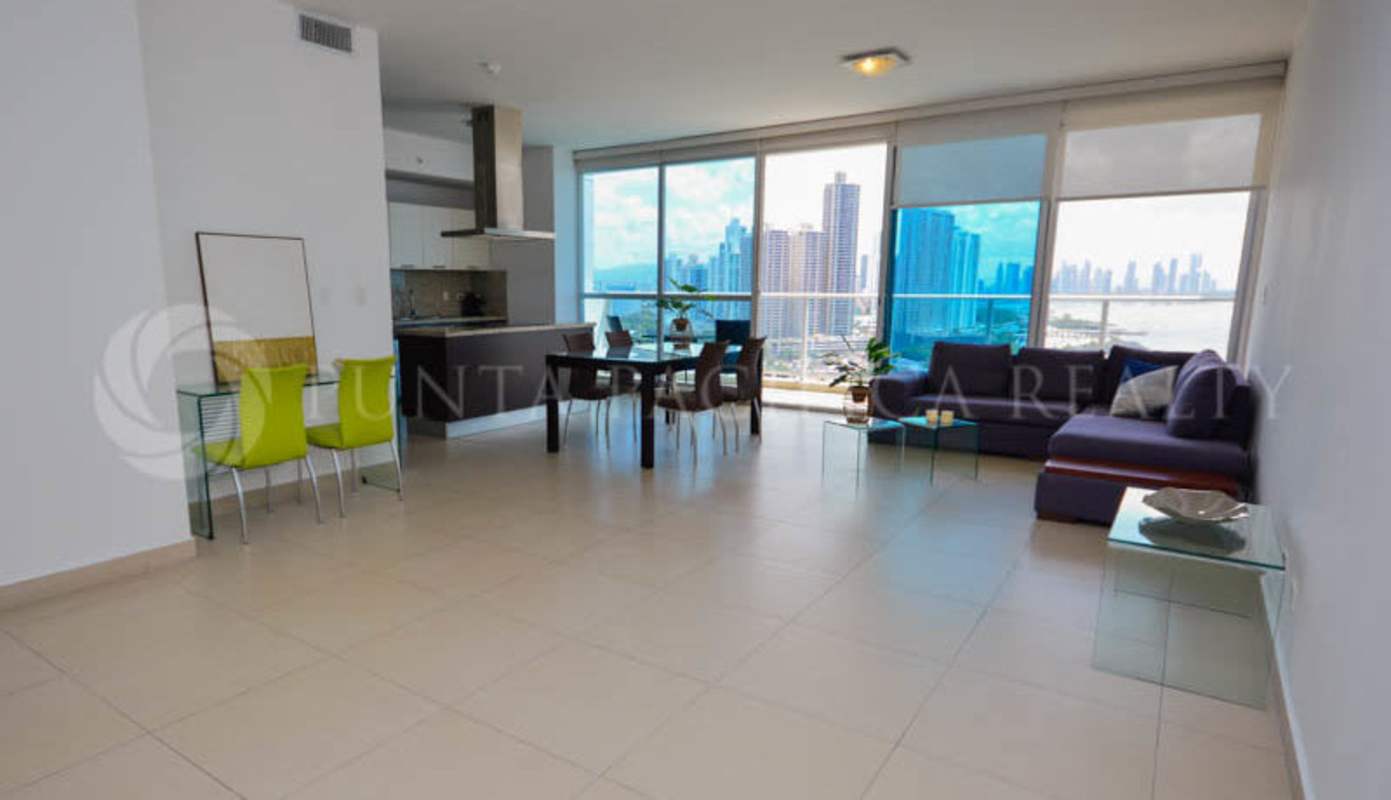Open kitchen with granite counters and modern cabinetry in PH Oceanaire luxury apartment Punta Pacifica Panama City