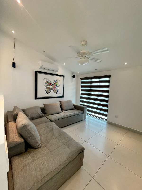 Contemporary furnished living room with gray sofa, butterfly art, blinds at PH Horizonte II Panama