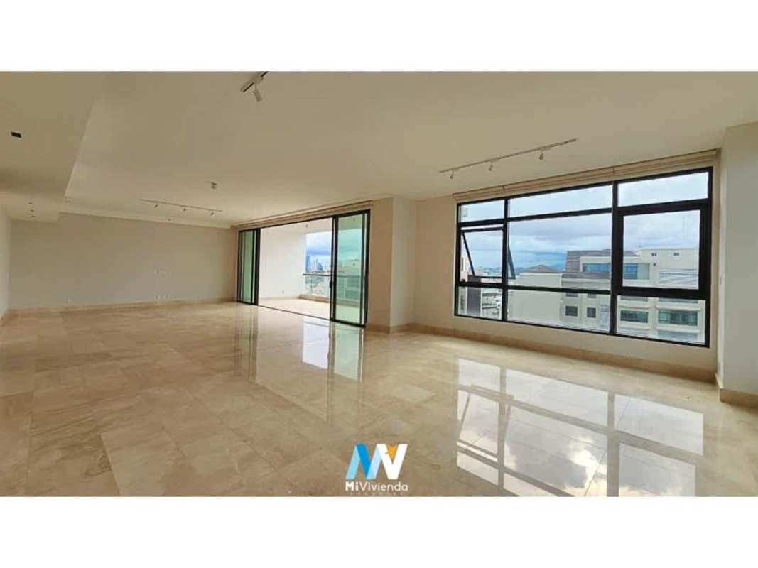 Spacious living room with panoramic floor-to-ceiling windows, marble floors at Albatross Tower Santa María Panama