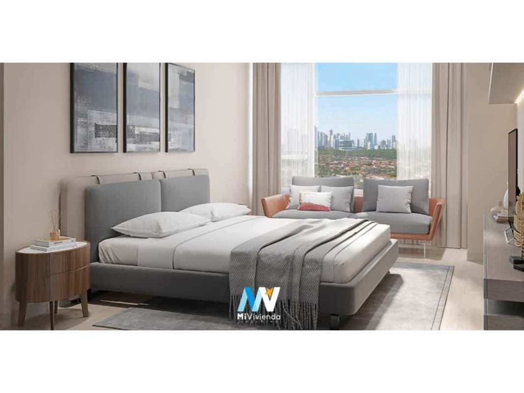 Bedroom with large window city skyline view in PH Celeste Santa María Panama